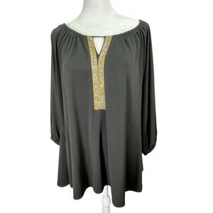Belldini Black Gold Silver Rhinestone Embellished V-Neck Tunic‎ Holiday Party
